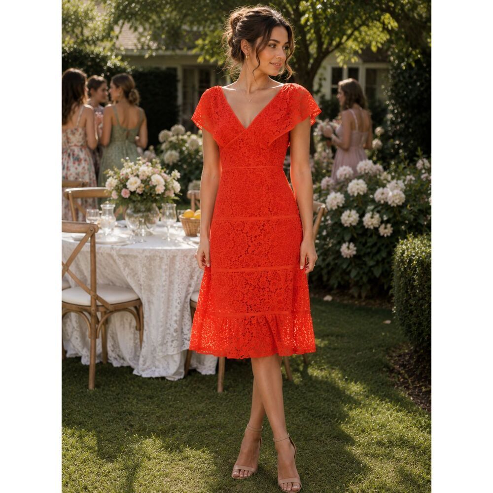 NWT Nanette Lepore Midi Lace Flounce Hem Dress Wedding Event Preppy Beachy 10